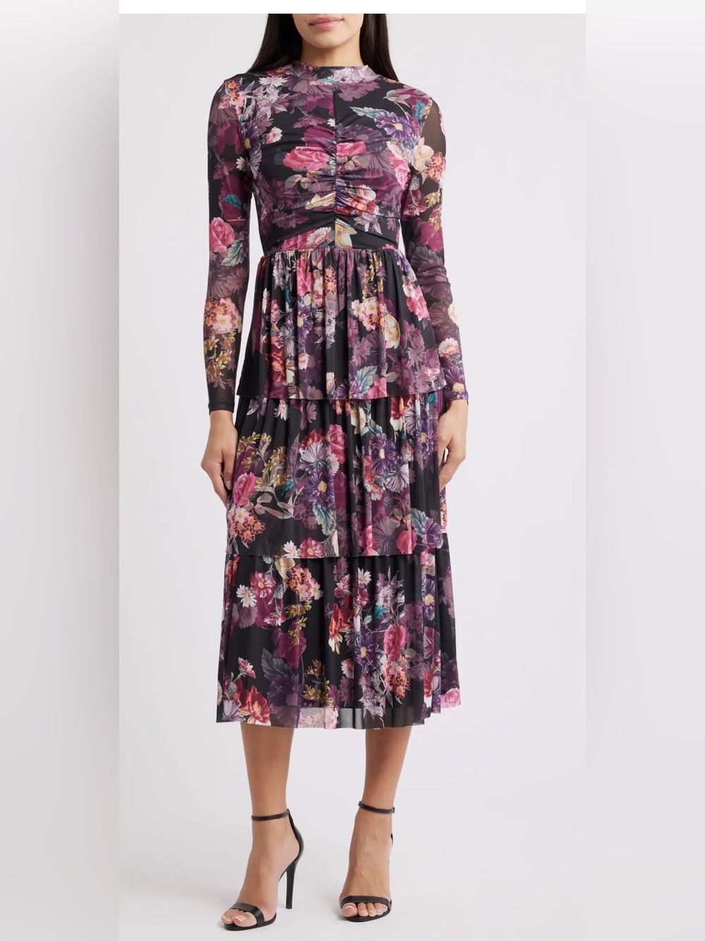 Anne Klein Black Floral Tiered Maxi Dress